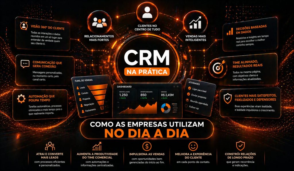 Cena com foco prático. O texto “CRM na prática” aparece no centro, rodeado por ícones que representam clientes, vendas, dados e relacionamento. Há também um painel com métricas e funil de vendas. A imagem mostra como empresas utilizam o CRM no dia a dia para melhorar resultados e relacionamento com clientes.