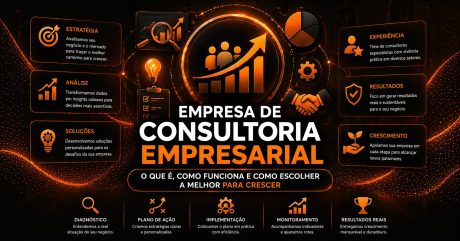 Arte com fundo escuro e detalhes em laranja. No centro, o título “Empresa de Consultoria Empresarial”, acompanhado de um ícone de crescimento com gráfico ascendente. Ao redor, há blocos com temas como estratégia, análise, soluções, experiência, resultados e crescimento. A imagem comunica serviços de consultoria para melhorar o desempenho e expandir negócios.