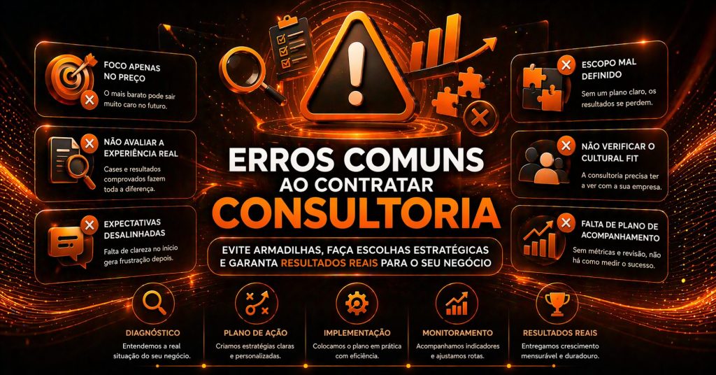 Ilustração com destaque para um símbolo de alerta no centro e o título “Erros comuns ao contratar consultoria”. Em volta, aparecem vários erros destacados, como foco apenas no preço, falta de planejamento e expectativas desalinhadas. A imagem orienta sobre cuidados ao escolher uma consultoria, enfatizando decisões estratégicas para obter bons resultados.