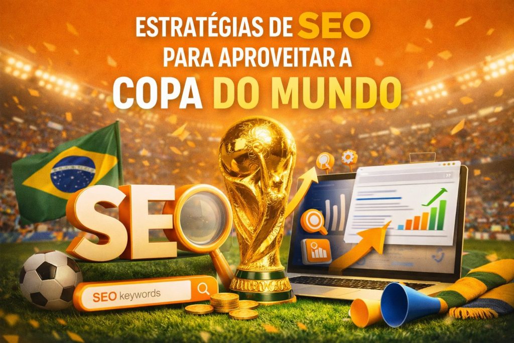 Ambiente semelhante de estádio com iluminação intensa e atmosfera de celebração. A taça da Copa do Mundo aparece no centro, acompanhada de elementos de SEO, como lupa, gráficos de crescimento em um notebook e a palavra “SEO” em destaque. Há também uma bandeira do Brasil e uma barra de busca, reforçando estratégias digitais voltadas à Copa do Mundo.