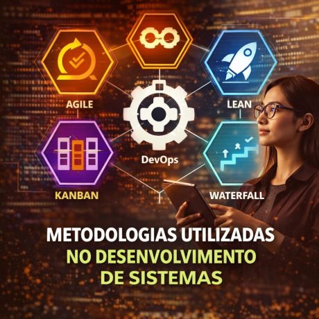 Ilustração com ícones de metodologias de desenvolvimento conectados a uma engrenagem central com o termo “DevOps”. Ao redor, aparecem Agile, Kanban, Lean e Waterfall, cada um representado por símbolos. À direita, uma mulher segura um tablet, observando os dados. O texto enfatiza metodologias utilizadas no desenvolvimento de sistemas.