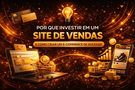 Ilustração digital com elementos de comércio eletrônico, como carrinhos, moedas e um celular exibindo um produto. Ao centro, uma lâmpada brilhante e o texto “Por que investir em um site de vendas e como criar um e-commerce de sucesso