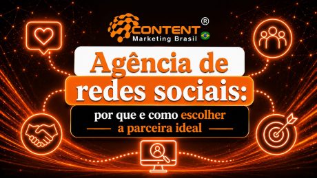 Arte em fundo preto e laranja com elementos de marketing digital e relacionamento. No centro, aparece o texto “Agência de redes sociais: por que e como escolher a parceira ideal”. Ao redor, há ícones de curtida, público, aperto de mãos, alvo e análise, destacando escolha, confiança e estratégia.