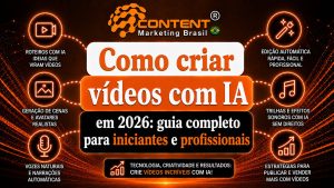 Arte em fundo preto e laranja com elementos ligados à criação de vídeos com IA. No centro, aparece o texto “Como criar vídeos com IA em 2026: guia completo para iniciantes e profissionais”. Ao redor, há ícones e frases sobre roteiros com IA, geração de cenas, vozes naturais, edição automática, trilhas sonoras e estratégias para publicar e vender com vídeos.