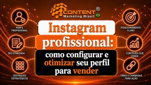 Arte em fundo preto e laranja com elementos de Instagram e vendas. No centro, aparece o texto “Instagram profissional: como configurar e otimizar seu perfil para vender”. Ao redor, há ícones sobre perfil profissional, bio otimizada, destaques estratégicos, posicionamento, conteúdo que vende e links com chamadas para ação.