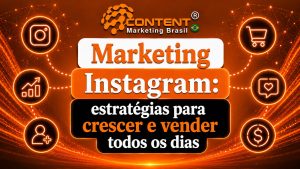 Arte em fundo preto e laranja com elementos relacionados ao Instagram e vendas, como ícone do Instagram, carrinho, gráfico de crescimento, curtida, novo seguidor e símbolo de dinheiro. No centro, aparece o texto “Marketing Instagram: estratégias para crescer e vender todos os dias”.