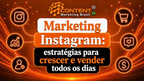 Arte em fundo preto e laranja com elementos relacionados ao Instagram e vendas, como ícone do Instagram, carrinho, gráfico de crescimento, curtida, novo seguidor e símbolo de dinheiro. No centro, aparece o texto “Marketing Instagram: estratégias para crescer e vender todos os dias”.