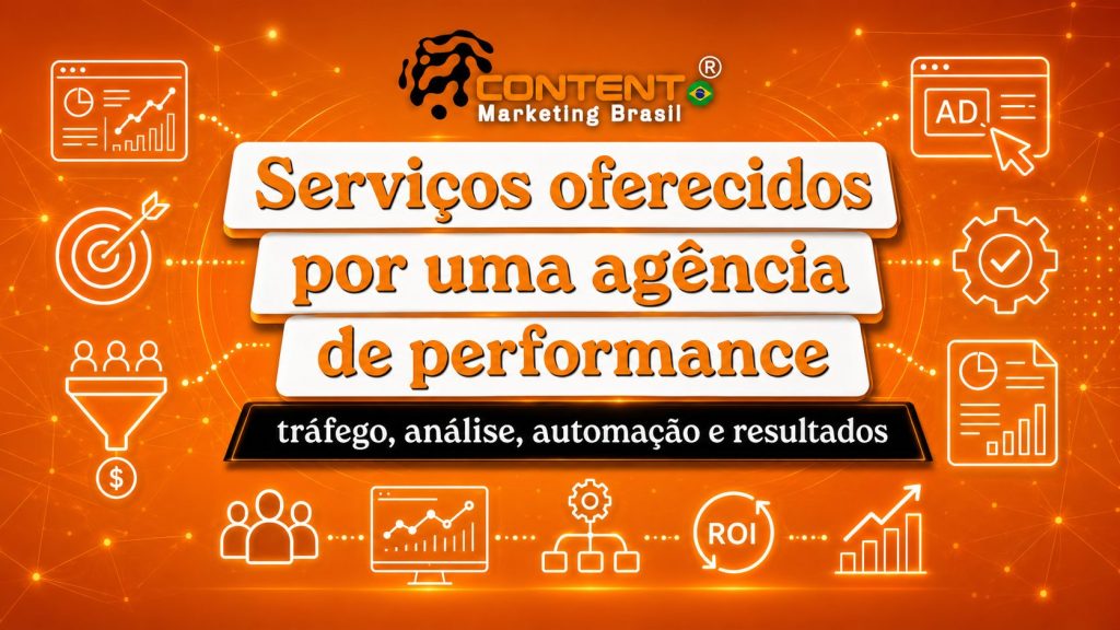 Arte em fundo laranja com elementos de tráfego, análise, automação e resultados, como anúncios, gráficos, engrenagens, funil, ROI e relatórios. No centro, aparece o texto “Serviços oferecidos por uma agência de performance”. Na faixa preta inferior, está escrito “tráfego, análise, automação e resultados”.