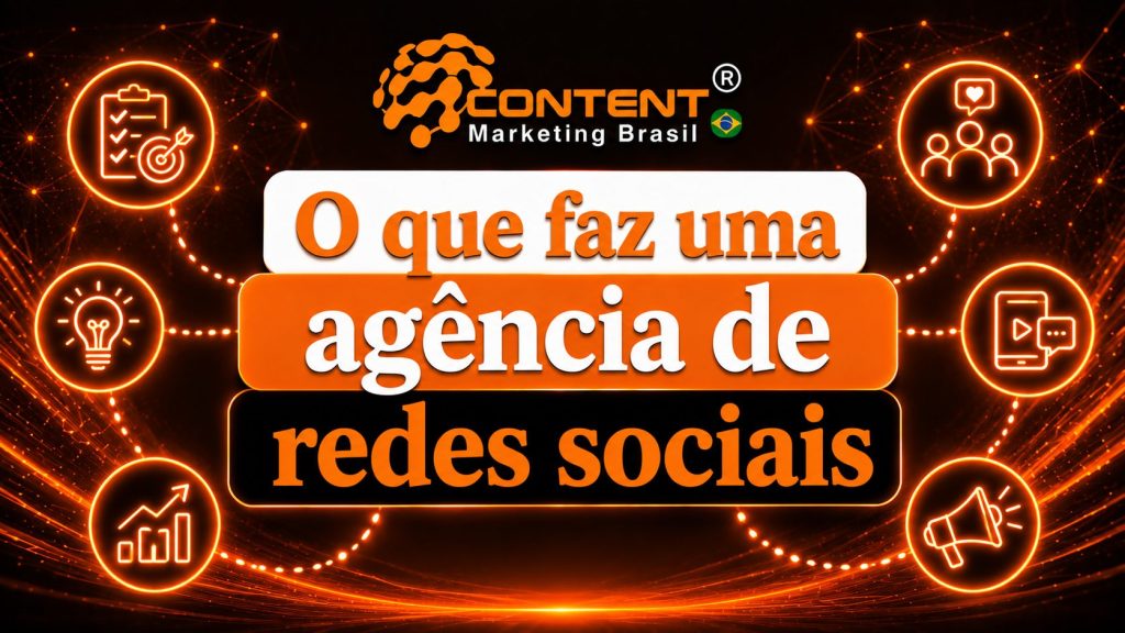 Arte em fundo preto e laranja com o logo da Content Marketing Brasil no topo. No centro, aparece o texto “O que faz uma agência de redes sociais”. Ao redor, há ícones de planejamento, ideias, crescimento, público, conteúdo, megafone e alvo, representando as atividades estratégicas de uma agência.