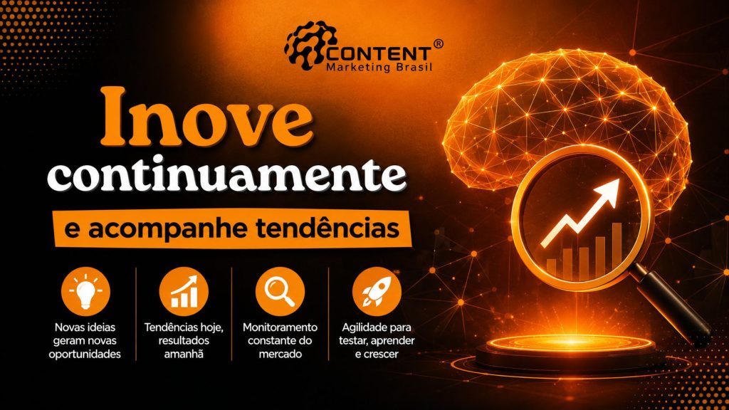 Arte em fundo preto e laranja com o logo da Content Marketing Brasil no topo. À esquerda, aparece o texto “Inove continuamente e acompanhe tendências”. À direita, há um cérebro formado por conexões luminosas e uma lupa com gráfico de crescimento. Na parte inferior, aparecem quatro ícones com frases sobre novas ideias, tendências, monitoramento de mercado e agilidade para crescer.