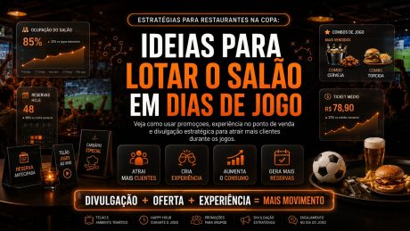 Arte publicitária em fundo escuro sobre estratégias para restaurantes durante a Copa. No centro, aparece o texto “Ideias para lotar o salão em dias de jogo”. A imagem mostra um restaurante/bar cheio de torcedores, televisões exibindo futebol, gráficos de ocupação, reservas, combos de comida e bebida, ticket médio e elementos visuais como bola, cerveja, hambúrguer e placas promocionais.