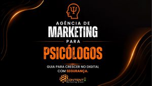 Criativo semelhante de agência de marketing para psicólogos, também com fundo escuro e estilo moderno em laranja. No topo há o símbolo da psicologia dentro de uma cabeça. O título central destaca: “AGÊNCIA DE MARKETING PARA PSICÓLOGOS”, com foco em crescimento digital seguro. O layout mantém a mesma proposta visual, com elementos gráficos de destaque e ícones na base reforçando os conceitos de ética, estratégia, conexão e resultados, comunicando autoridade e posicionamento no ambiente digital.