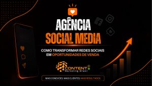 Criativo institucional de agência de marketing digital com foco em redes sociais. Traz o conceito de conversão de seguidores em clientes, com elementos visuais de celular, gráficos de crescimento e a mensagem de estratégia, conteúdo e relacionamento como pilares para resultados.