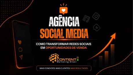 Criativo institucional de agência de marketing digital com foco em redes sociais. Traz o conceito de conversão de seguidores em clientes, com elementos visuais de celular, gráficos de crescimento e a mensagem de estratégia, conteúdo e relacionamento como pilares para resultados.