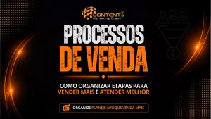 Arte com fundo escuro e elementos em laranja, destacando o título “PROCESSOS DE VENDA”. O conteúdo explica como organizar etapas para vender mais e atender melhor, representando o fluxo de vendas do início ao fechamento. Na parte inferior, há a sequência “organize, planeje, aplique, venda mais”, reforçando a ideia de estrutura e estratégia comercial para melhorar resultados.