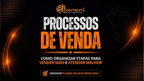 Arte com fundo escuro e elementos em laranja, destacando o título “PROCESSOS DE VENDA”. O conteúdo explica como organizar etapas para vender mais e atender melhor, representando o fluxo de vendas do início ao fechamento. Na parte inferior, há a sequência “organize, planeje, aplique, venda mais”, reforçando a ideia de estrutura e estratégia comercial para melhorar resultados.