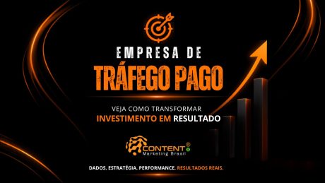 Criativo institucional sobre anúncios digitais com fundo escuro e elementos em laranja. O título principal destaca: “Empresa de tráfego pago”, seguido da frase: “Veja como transformar investimento em resultado”. Na parte inferior, aparecem três pilares: estratégia inteligente, público certo no momento certo e mais leads e vendas, além de um gráfico de crescimento à direita, simbolizando performance e resultados.