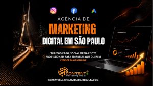 Criativo institucional com identidade visual escura e elementos em laranja. O texto central destaca novamente “Agência de Marketing Digital em São Paulo”, reforçando serviços de tráfego pago, social media e desenvolvimento de sites profissionais. A composição inclui um notebook com dashboard de resultados, gráficos de crescimento e indicadores de performance, além de ícones de redes sociais no topo. Ao fundo, há elementos gráficos de conexão digital e a paisagem urbana de São Paulo. O texto final reforça o compromisso da agência com estratégia, criatividade e resultados para empresas.