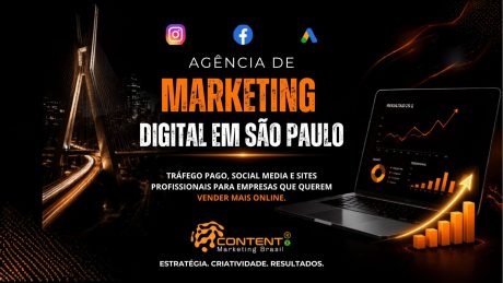 Criativo institucional com identidade visual escura e elementos em laranja. O texto central destaca novamente “Agência de Marketing Digital em São Paulo”, reforçando serviços de tráfego pago, social media e desenvolvimento de sites profissionais. A composição inclui um notebook com dashboard de resultados, gráficos de crescimento e indicadores de performance, além de ícones de redes sociais no topo. Ao fundo, há elementos gráficos de conexão digital e a paisagem urbana de São Paulo. O texto final reforça o compromisso da agência com estratégia, criatividade e resultados para empresas.