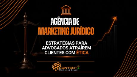 Criativo de agência de marketing jurídico com foco em “Marketing jurídico para advogados com ética”. Mostra a balança da justiça, gráficos de crescimento e ícones de relacionamento, visibilidade e resultados, reforçando estratégias de captação de clientes dentro das normas da advocacia.