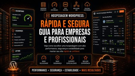 Arte digital em fundo preto e laranja sobre hospedagem WordPress rápida e segura. No centro, aparece o texto “Guia para empresas e profissionais”, destacando alta performance, segurança e estabilidade. A imagem mostra servidores ao fundo, painel de hospedagem WordPress, métricas de desempenho, segurança, uptime, backup, SSL, CDN e cache.