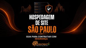 Arte institucional sobre “Hospedagem de site São Paulo”, destacando um guia de contratação com foco em segurança e confiabilidade. O design utiliza elementos de infraestrutura digital com servidores, escudo de proteção e ícones de suporte, reforçando velocidade, estabilidade e proteção de dados. A mensagem central enfatiza a importância de escolher uma hospedagem local ou estratégica em São Paulo para garantir melhor performance, suporte especializado e alta disponibilidade. Os benefícios apresentados incluem mais velocidade, segurança total, suporte humano, uptime elevado e escalabilidade para crescimento do negócio.