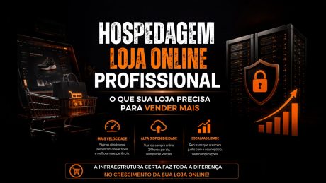 Arte sobre “Hospedagem loja online profissional”, destacando infraestrutura, performance e suporte como pilares para vendas online. O visual traz elementos de e-commerce como carrinho, gráficos de crescimento, servidor e escudo de segurança, reforçando velocidade, estabilidade e proteção. A mensagem central enfatiza que a infraestrutura correta impacta diretamente o crescimento da loja virtual. Os benefícios incluem mais velocidade, segurança total, alta disponibilidade, escalabilidade e suporte especializado, mostrando a importância de uma base técnica sólida para lojas online escaláveis.
