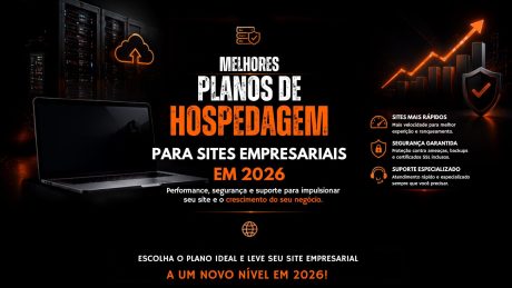 Arte institucional sobre “Melhores planos de hospedagem para sites empresariais em 2026”, destacando performance, segurança, escalabilidade e recursos avançados como pilares para sites profissionais. O design traz elementos de infraestrutura digital e gráficos de crescimento, reforçando velocidade, estabilidade e evolução do negócio. A composição apresenta benefícios como alta performance, segurança avançada, domínio grátis, e-mail profissional e custo-benefício, reforçando a importância de escolher um plano de hospedagem adequado para garantir crescimento sustentável e presença digital sólida.