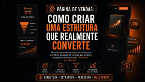 Arte digital em fundo preto e laranja sobre página de vendas. No centro, aparece o texto “Como criar uma estrutura que realmente converte”. A imagem mostra elementos visuais de funil de vendas, taxa de conversão, faturamento, gráfico de crescimento e ícones que representam atrair, engajar, conduzir e converter clientes.