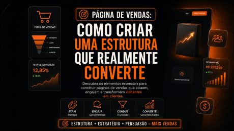 Arte digital em fundo preto e laranja sobre página de vendas. No centro, aparece o texto “Como criar uma estrutura que realmente converte”. A imagem mostra elementos visuais de funil de vendas, taxa de conversão, faturamento, gráfico de crescimento e ícones que representam atrair, engajar, conduzir e converter clientes.
