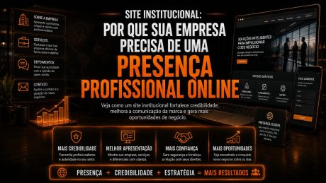 Arte publicitária em fundo escuro sobre site institucional. No centro, aparece o texto “Por que sua empresa precisa de uma presença profissional online”. A imagem mostra elementos de site, formulário de contato, serviços, depoimentos e gráficos, destacando credibilidade, apresentação profissional, confiança e geração de oportunidades de negócio.