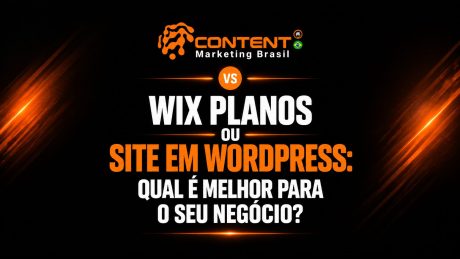 Arte publicitária comparando “Wix Planos” e “Site em WordPress”. No centro, o título pergunta qual é a melhor opção para o negócio. À esquerda, o Wix aparece com foco em planos e custo, representado por um laptop com interface simplificada. À direita, o WordPress é apresentado como uma solução mais completa, com ícones de desempenho, SEO, segurança e escalabilidade. A composição destaca diferenças como custo, personalização, performance, SEO e crescimento do site.