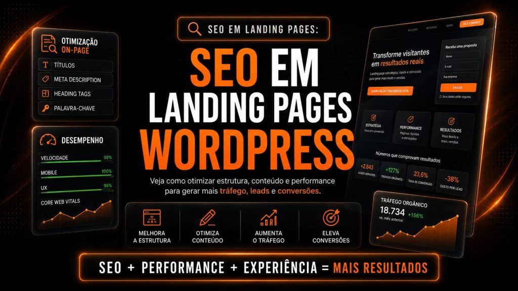 Arte digital em fundo preto e laranja sobre SEO em landing pages WordPress. No centro, aparece o texto “SEO em Landing Pages WordPress”, com destaque para tráfego, leads e conversões. Ao redor, há painéis com informações de otimização on-page, desempenho, Core Web Vitals, tráfego orgânico e uma representação de página de captura.