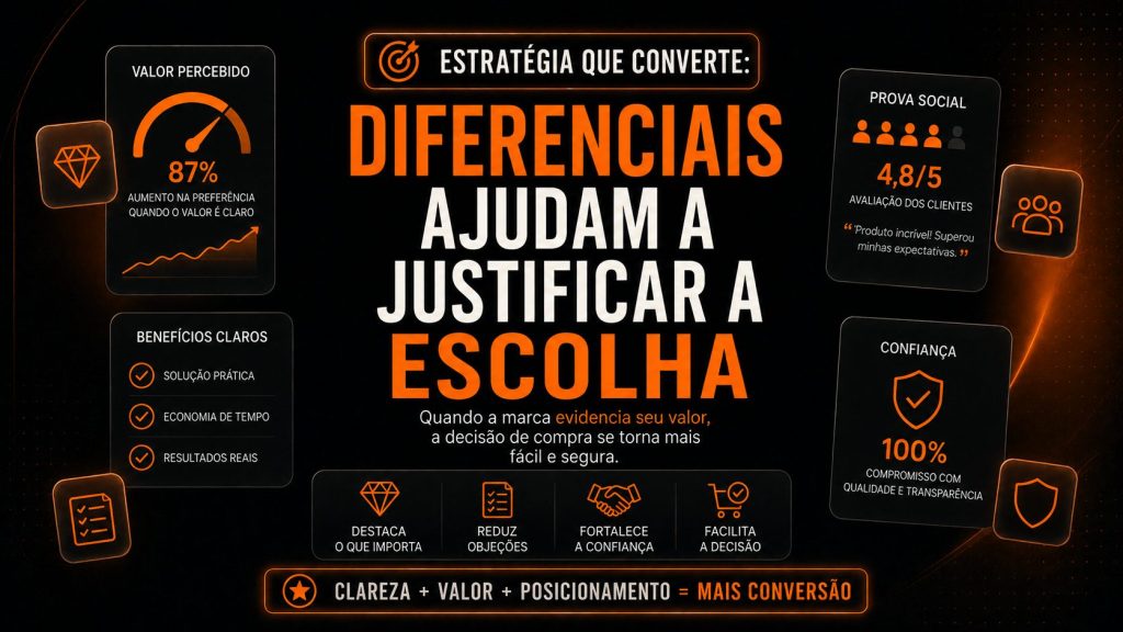Arte digital em fundo preto e laranja sobre estratégia de vendas. No centro, aparece a frase “Diferenciais ajudam a justificar a escolha”. Ao redor, há gráficos, ícones e blocos de informação sobre valor percebido, benefícios claros, prova social, confiança e aumento de conversão.
