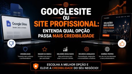 Arte comparativa entre “Google Sites” e “Site Profissional”, destacando qual opção passa mais credibilidade. À esquerda, o Google Sites aparece como uma solução simples e limitada, associada a menor autoridade visual e poucos recursos avançados. À direita, um site profissional é apresentado com layout moderno, recursos mais completos e foco em conversão, reforçando maior credibilidade, branding e resultados. O design enfatiza benefícios como imagem da marca, performance, SEO e uso de domínio próprio.