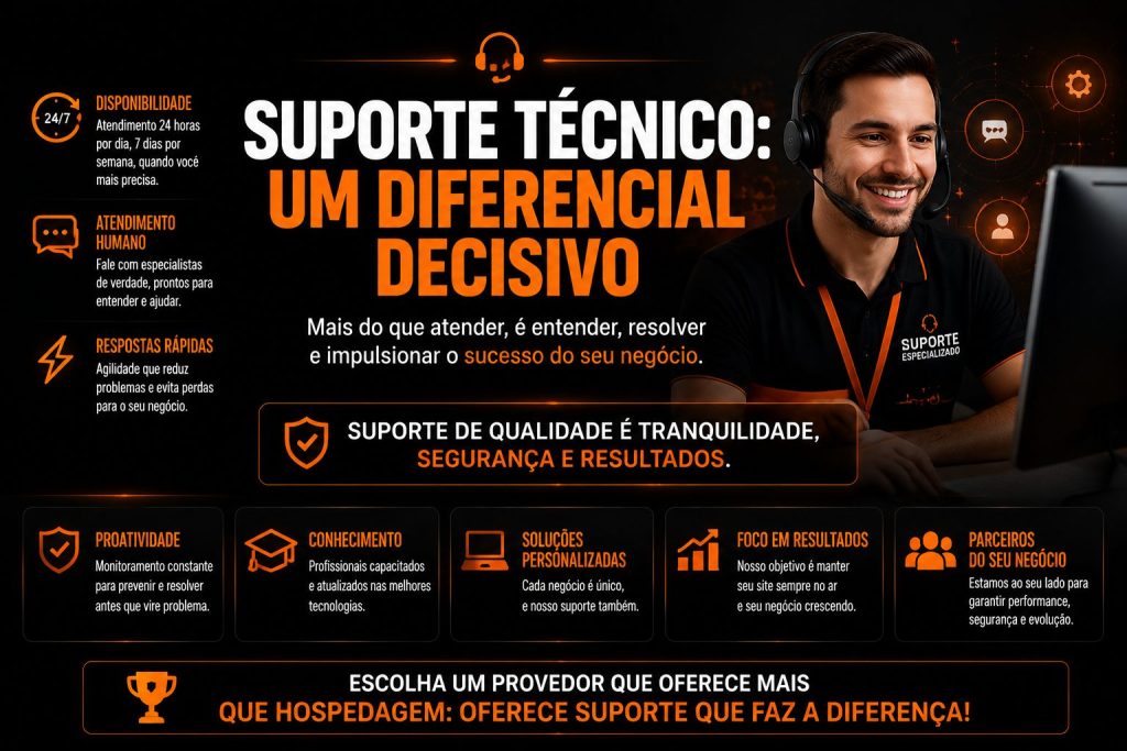 Arte focada em “Suporte Técnico: um diferencial decisivo”, destacando atendimento humano, disponibilidade 24/7, respostas rápidas e suporte especializado como fatores essenciais para o sucesso de um negócio digital. A composição reforça confiança e proximidade, com a presença de um atendente com headset à direita, simbolizando suporte profissional e acessível. O layout enfatiza benefícios como proatividade, conhecimento técnico, soluções personalizadas, foco em resultados e parceria com o cliente, reforçando que suporte de qualidade impacta diretamente no desempenho do site e da empresa.