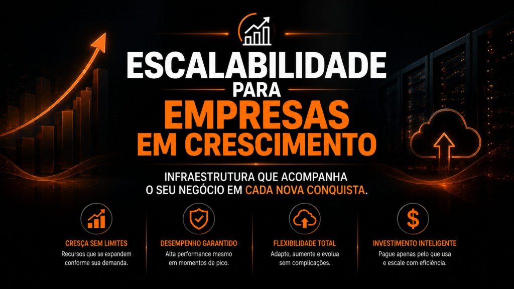Arte sobre “Escalabilidade para empresas em crescimento”, destacando infraestrutura digital flexível e evolução constante. O visual traz gráficos de crescimento, nuvem de tecnologia e elementos de expansão, simbolizando sites e negócios que precisam acompanhar aumento de tráfego. A composição reforça benefícios como crescimento sem limites, desempenho garantido, flexibilidade e investimento inteligente, destacando a importância de uma estrutura preparada para expansão contínua.