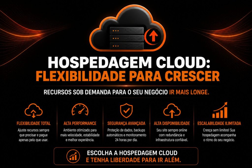 Arte complementar sobre “Hospedagem de site São Paulo”, mantendo o mesmo conceito de guia, porém reforçando aspectos de decisão e continuidade do negócio. O visual destaca servidores, cidade ao fundo e ícones de tecnologia e segurança, reforçando infraestrutura robusta e confiável. A comunicação enfatiza a importância de contratar uma hospedagem adequada para evitar problemas técnicos e garantir estabilidade. Os benefícios incluem maior velocidade em servidores no Brasil, segurança avançada com SSL e backups, suporte especializado, alta disponibilidade e escalabilidade alinhada ao crescimento da empresa.