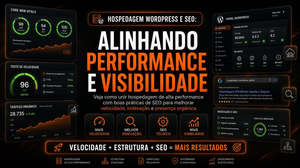 Arte digital em fundo preto e laranja sobre hospedagem WordPress e SEO. No centro, aparece a frase “Alinhando performance e visibilidade”, com destaque para velocidade, indexação e presença orgânica. Ao redor, há painéis com métricas de Core Web Vitals, teste de velocidade, tráfego orgânico, painel WordPress, resultado de busca no Google e indicadores de indexação.