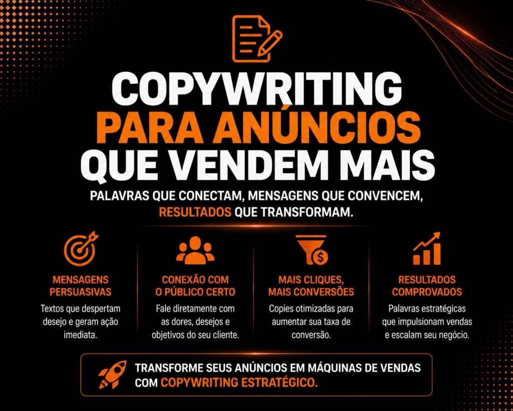 Arte institucional sobre “Agência de gestão de tráfego pago para empresas que querem escalar resultados”, com design moderno em fundo escuro e elementos em laranja. O layout enfatiza crescimento e performance digital, destacando estratégias como tráfego qualificado, aumento de conversões, escalabilidade e campanhas personalizadas. A composição reforça a ideia de que a gestão de tráfego pago é essencial para empresas que desejam expandir resultados de forma previsível e estruturada.