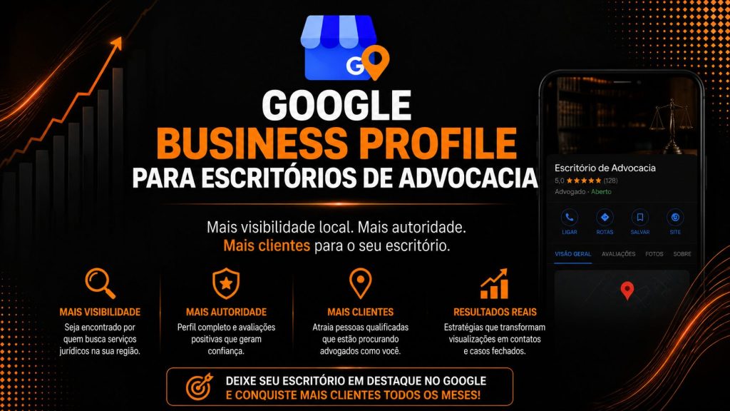 Arte de marketing digital jurídico com tema institucional. Apresenta o título “Google Business Profile para escritórios de advocacia”, destacando estratégias para aumentar visibilidade local e atrair mais clientes. Inclui elementos visuais de mapa, smartphone com perfil de empresa e gráficos de crescimento.