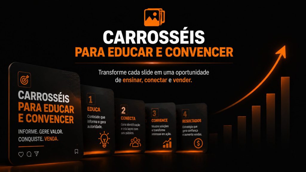 Arte de social media marketing com fundo escuro e detalhes em laranja. Apresenta o título “Agência Social Media” e destaca como transformar redes sociais em oportunidades de venda, mostrando ícones de engajamento, conteúdo e crescimento de resultados.