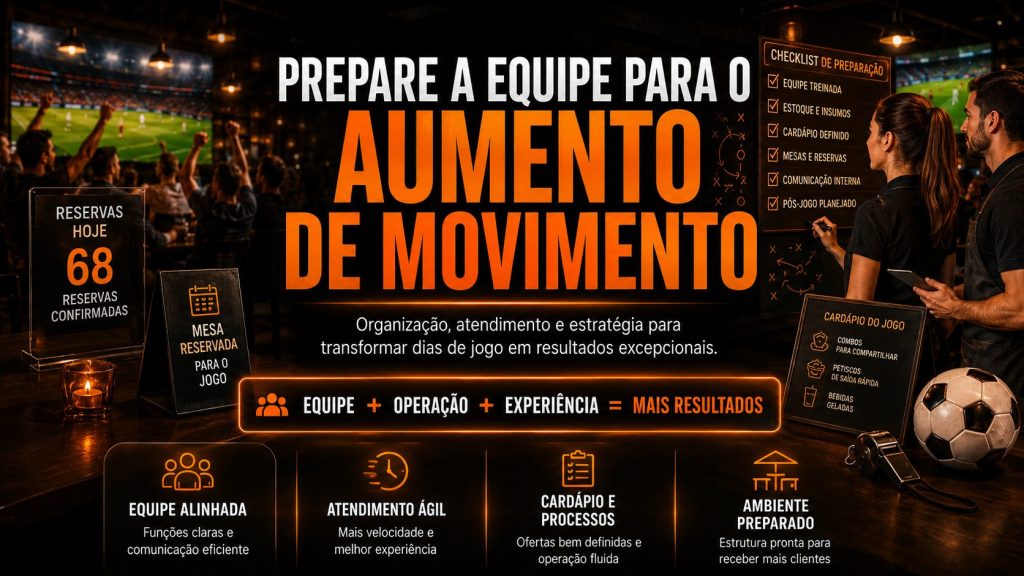 Arte publicitária em fundo escuro sobre preparação de equipe para dias de grande movimento em restaurantes. No centro, aparece o texto “Prepare a equipe para o aumento de movimento”. A cena mostra um bar com pessoas assistindo a um jogo de futebol, equipe fazendo planejamento, checklist de preparação, reservas confirmadas, cardápio do jogo e elementos como bola, apito e placas de mesa reservada.