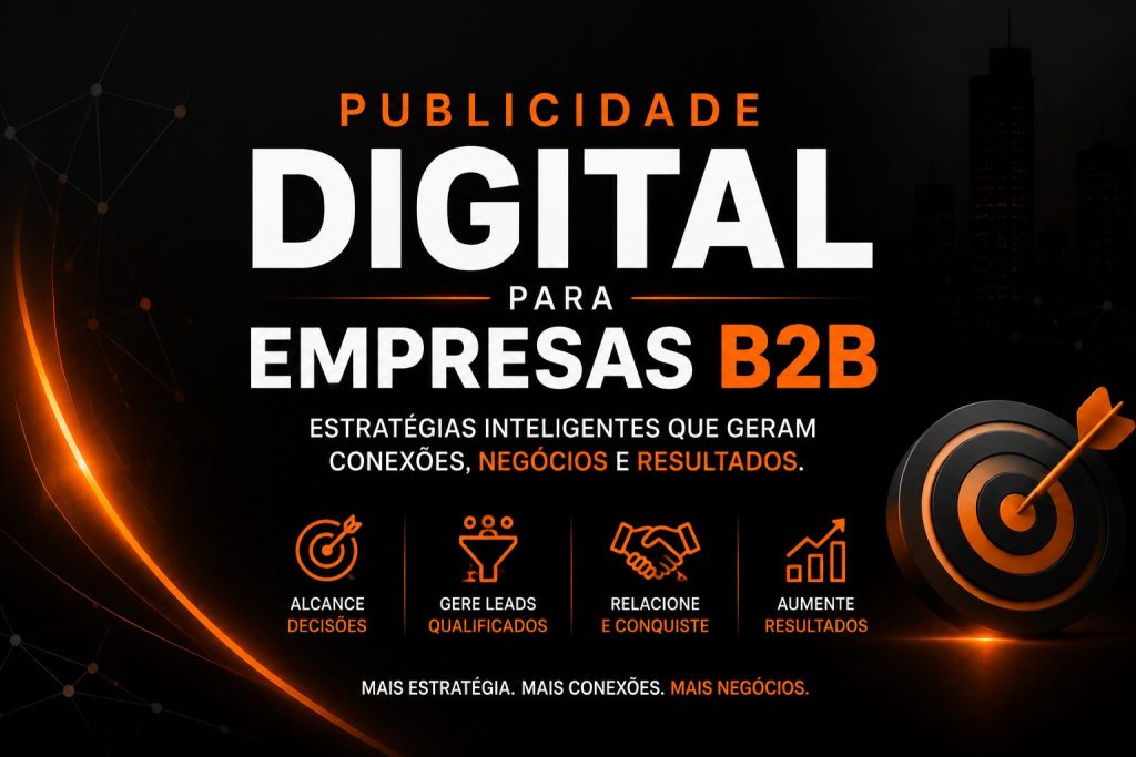 Arte de publicidade digital com fundo preto e detalhes em laranja. O título central destaca “Publicidade Digital para Empresas B2B”, com foco em estratégias para gerar conexões, negócios e resultados. A composição traz ícones de alcance, leads, relacionamento e crescimento, além de um gráfico ascendente e um alvo, reforçando a ideia de performance e conversão. A mensagem final enfatiza: “Mais estratégia. Mais conexões. Mais negócios.”