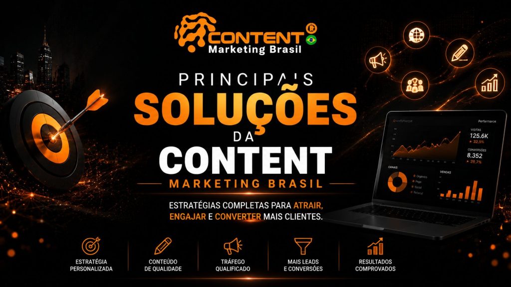 Arte de marketing digital com fundo preto e detalhes em laranja. O título principal diz: “Agência de Marketing Digital em São Paulo”, destacando serviços como tráfego pago, social media e sites profissionais para empresas que querem vender mais online. À direita há um notebook exibindo gráficos de desempenho e métricas de crescimento, além de ícones de redes sociais como Instagram, Facebook e Google Ads. Ao fundo, aparece a silhueta da cidade de São Paulo, reforçando o contexto urbano e corporativo. Na parte inferior, o texto enfatiza estratégia, criatividade e resultados, com foco em geração de vendas.