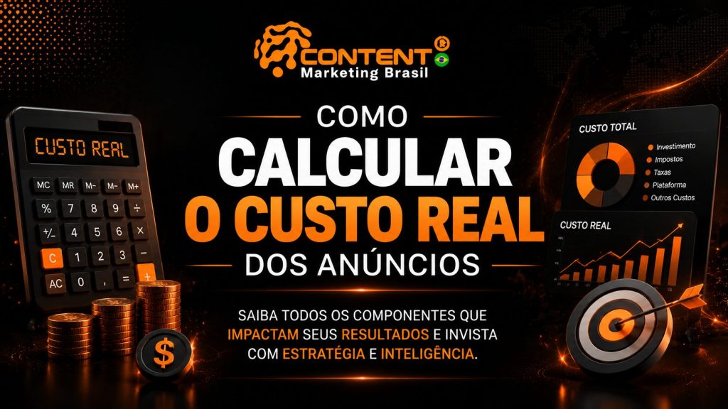Arte educativa em fundo escuro com detalhes em laranja e branco. O título principal destaca “IMPOSTO NO META ADS”, explicando como funciona a cobrança e o impacto nos anúncios. Ao lado aparecem elementos visuais como planilha de impostos, porcentagem, moeda e gráficos de desempenho, além do logotipo da Meta Ads. A composição reforça o aumento de custos e a necessidade de entender taxas e tributos para campanhas pagas.