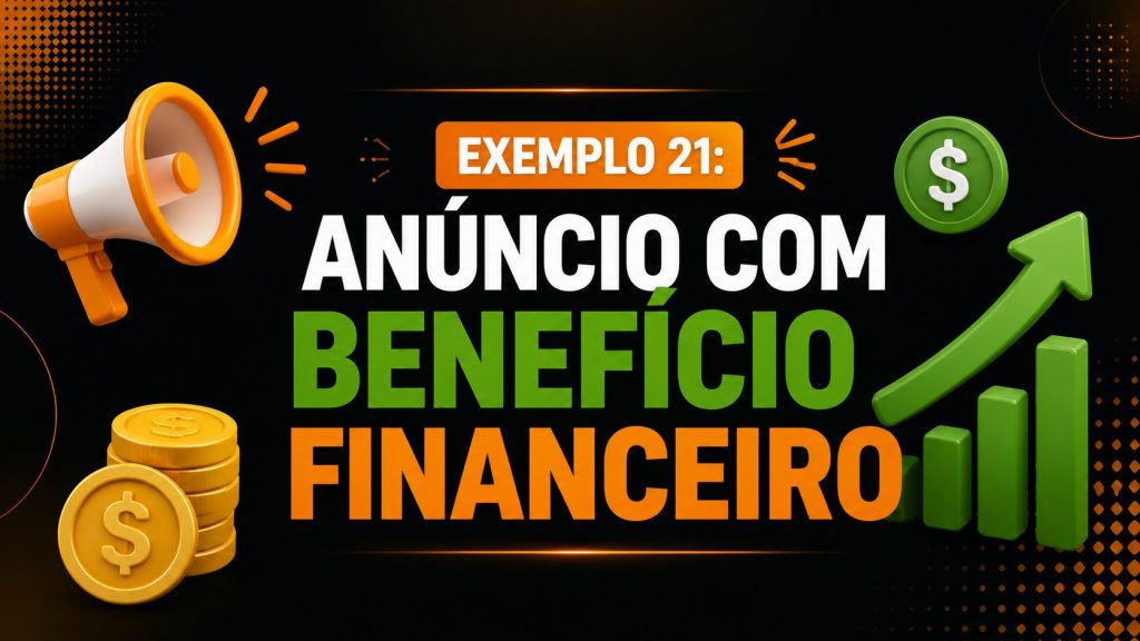 Arte com fundo preto e elementos em laranja e branco, no estilo de marketing digital da Content Marketing Brasil. No centro, o texto principal diz “EXEMPLOS DE ANÚNCIOS CRIATIVOS”, com destaque em branco e laranja, seguido de “PARA VENDER MAIS NAS REDES SOCIAIS”. Ao redor do texto há ícones que representam marketing digital: um alvo com flecha (objetivo), um megafone (divulgação), um celular com interface de redes sociais, um botão de play (vídeo), e balões de mensagem. O design transmite estratégia, comunicação e crescimento em vendas online.