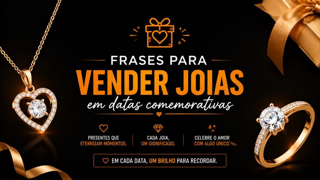 A segunda imagem mantém o mesmo estilo visual escuro com detalhes em laranja e dourado, mas com foco em campanhas sazonais. O texto principal diz: “FRASES PARA VENDER JOIAS EM DATAS COMEMORATIVAS”, acompanhado de uma mensagem secundária sobre ideias prontas para atrair clientes e gerar vendas. Na arte, aparecem joias como anel e pingente com brilho, simbolizando elegância e valor emocional. O layout reforça estratégias de marketing para aproveitar datas especiais e aumentar as vendas no setor de joias.