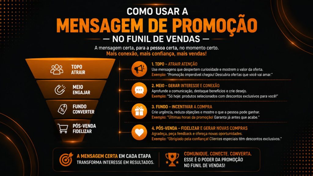 A imagem apresenta um design de marketing digital com fundo escuro e detalhes em laranja. No centro, o texto principal diz: “COMO USAR A MENSAGEM DE PROMOÇÃO NO FUNIL DE VENDAS”. A arte mostra um funil dividido em etapas do processo de vendas, com ícones que representam atração, engajamento, conversão e fidelização de clientes. Também há pequenos exemplos de mensagens promocionais em cada fase, indicando como comunicar ofertas de forma estratégica.