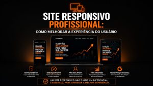 Arte digital em fundo preto e laranja sobre site responsivo profissional. No centro, aparece o texto “Como melhorar a experiência do usuário”. A imagem mostra um site exibido em notebook, celular e tablet, destacando adaptação para diferentes dispositivos, navegação intuitiva, mais engajamento, mais conversões e melhor posição no Google.